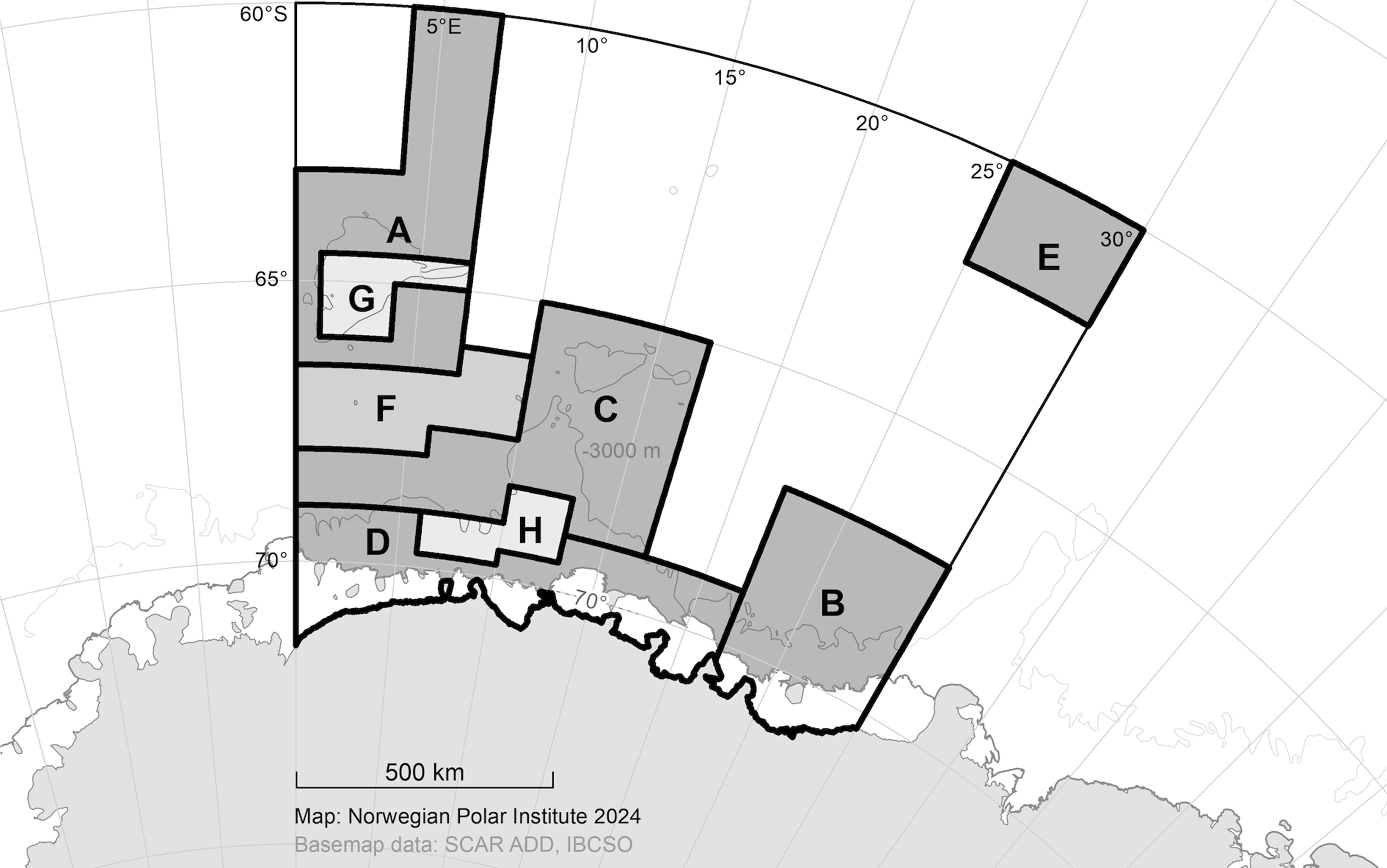 Figure 1. The draft Conservation Measure 91-XX for WSMPA Phase 2 has three categories of management zones; General Protection Zone (Shaded dark grey, Areas A, B, C, D &E), Seasonal Protection Zone (Shaded medium grey, Area F) and Fisheries Research Zone (Shaded light grey Areas, G and H) for inclusion under CCAMLR Conservation Measure 91-04. 